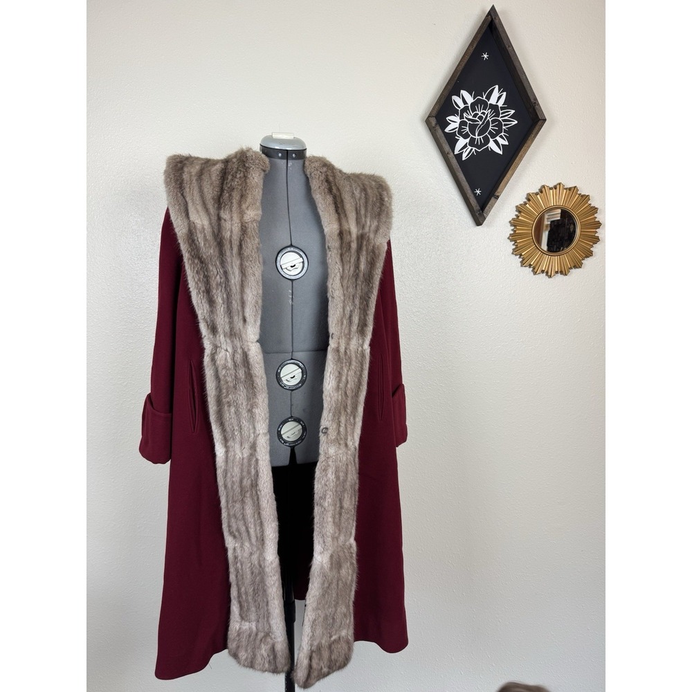 VTG 1940-1950s Red Wool Swing Coat Mink Fur Trim Panels Heavy Tailored Dramatic